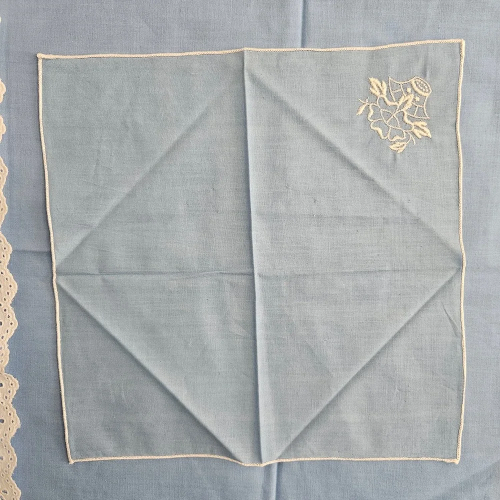 Vintage Blue Tablecloth Runner Napkin Set Floral‎ Embroidery Eyelet Lace 4pc